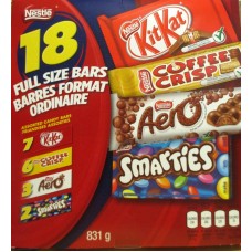 Chocolate Bars - Nestle Brand - Variety Pack - 18 Full Size  Bars / 7 Kit Kat / 6 Coffee Crisp / 3 Aero / 2 Smarties / 831 Gram Box 